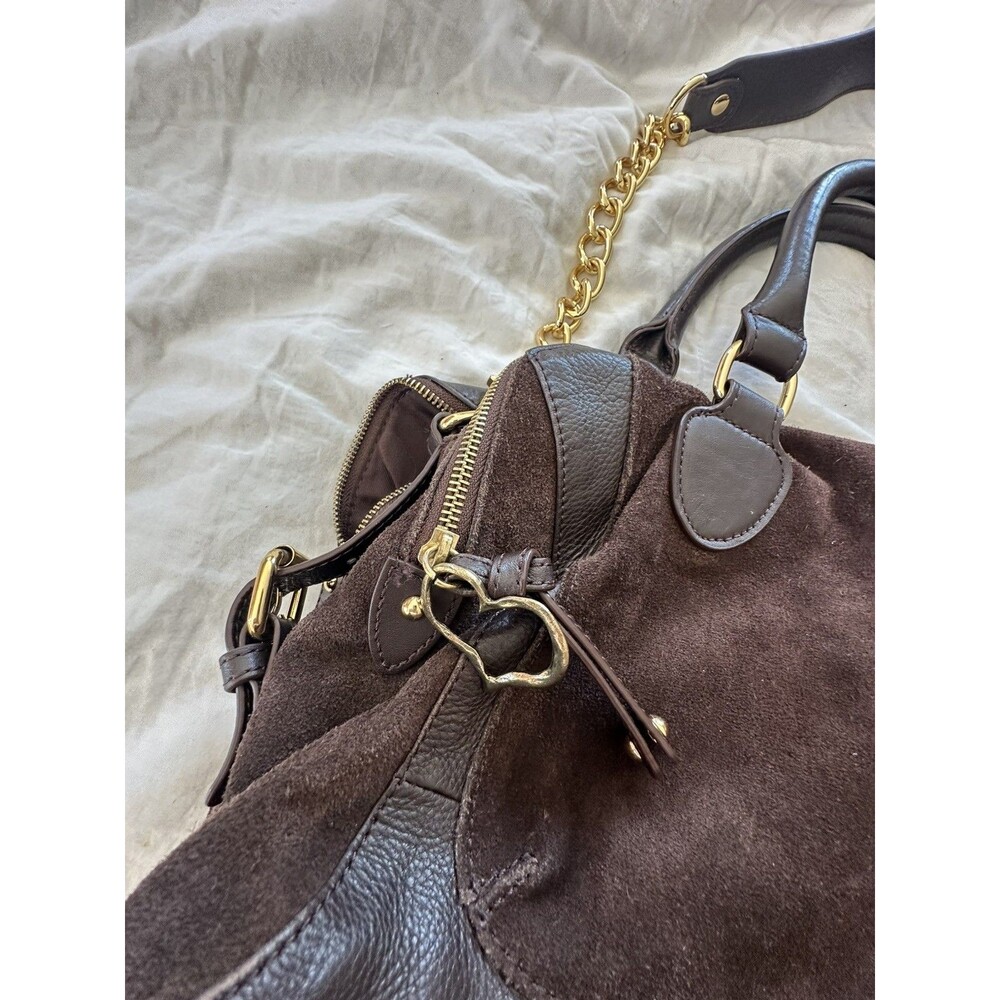 AUDREY BROOKE Brown Suede & Leather Crossbody Satchel Handbag W/ Chain Strap - Picture 11 of 16